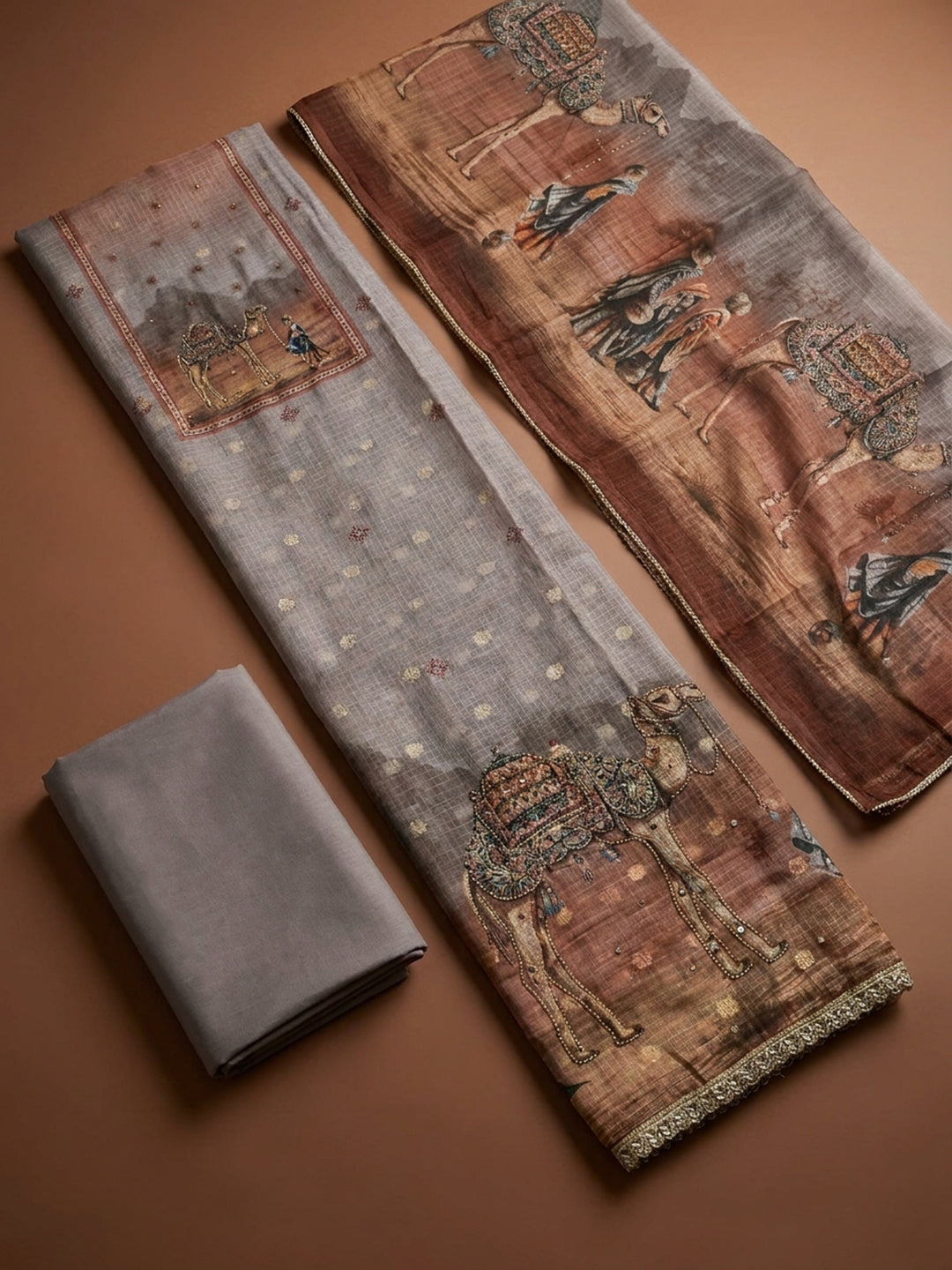 Beige  Cotton Unstitched Dress Material