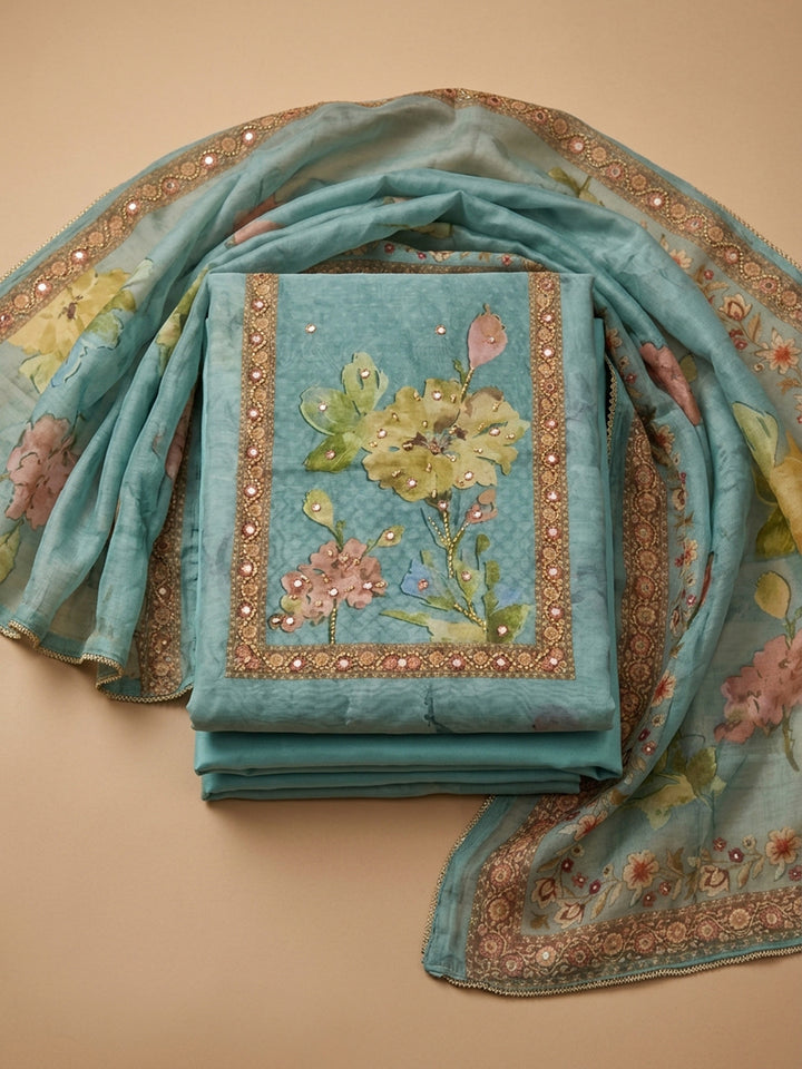 Sky Blue  Chanderi Unstitched Dress Material