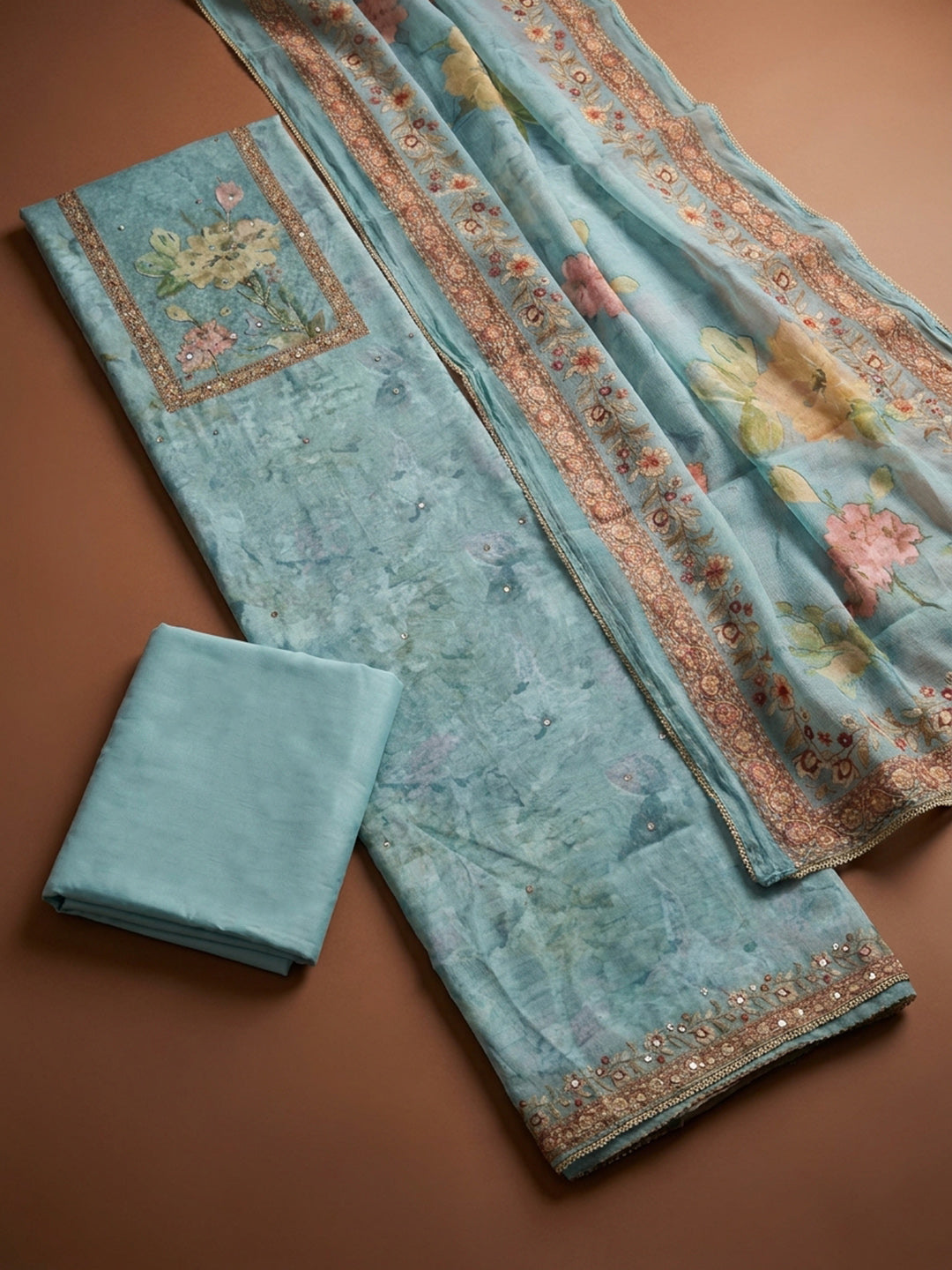 Sky Blue  Chanderi Unstitched Dress Material