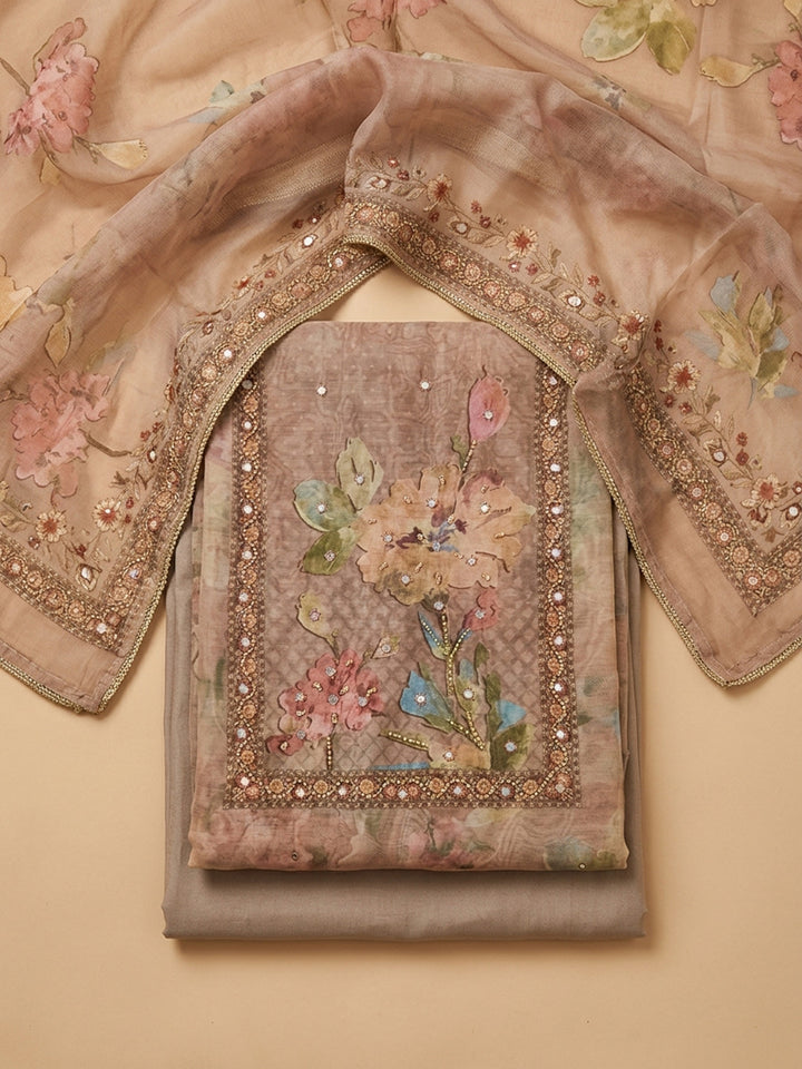 Beige  Chanderi Unstitched Dress Material