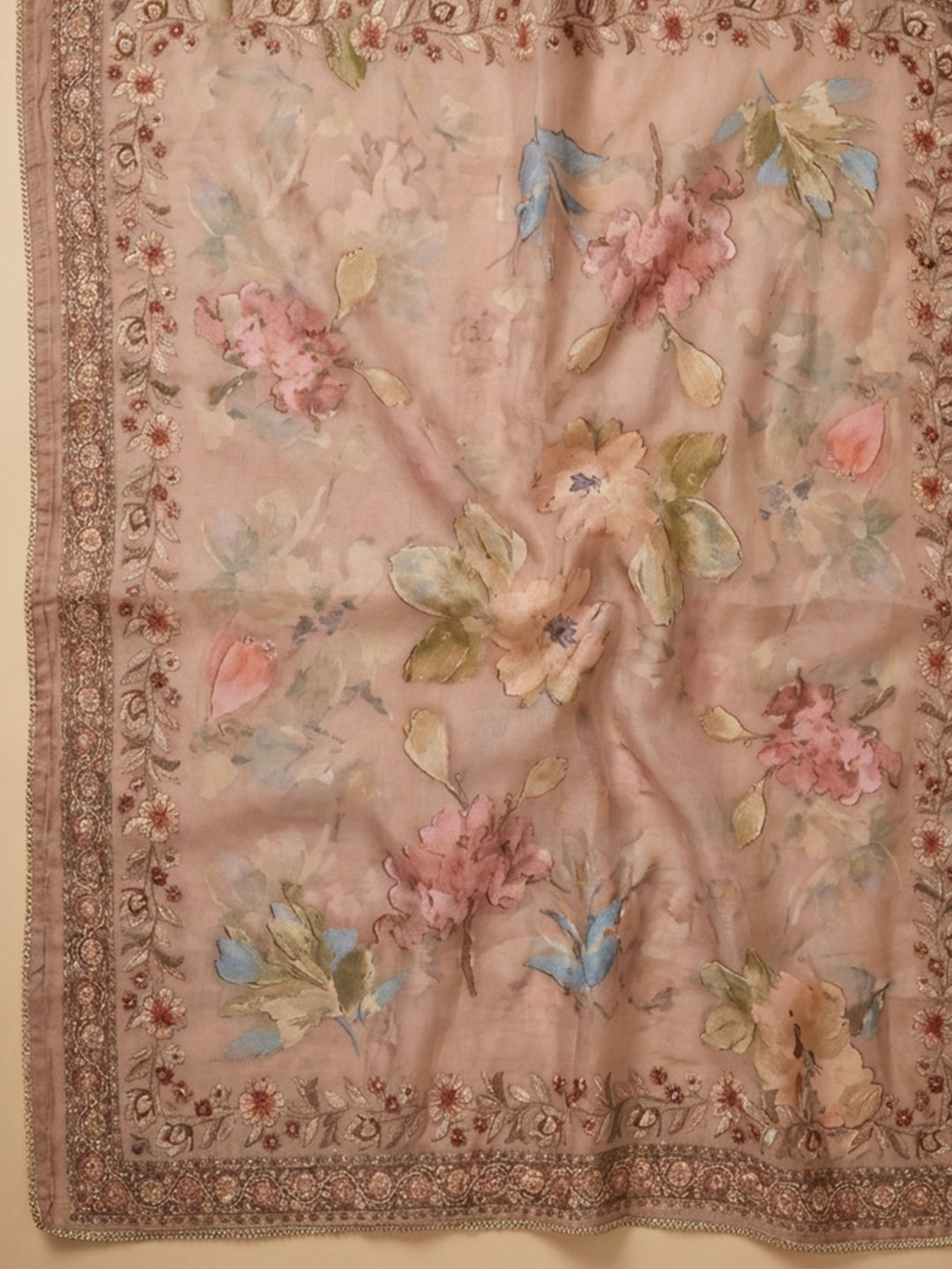 Beige  Chanderi Unstitched Dress Material