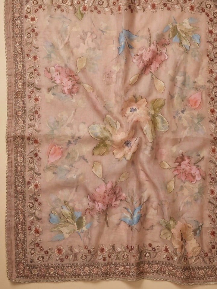 Beige  Chanderi Unstitched Dress Material