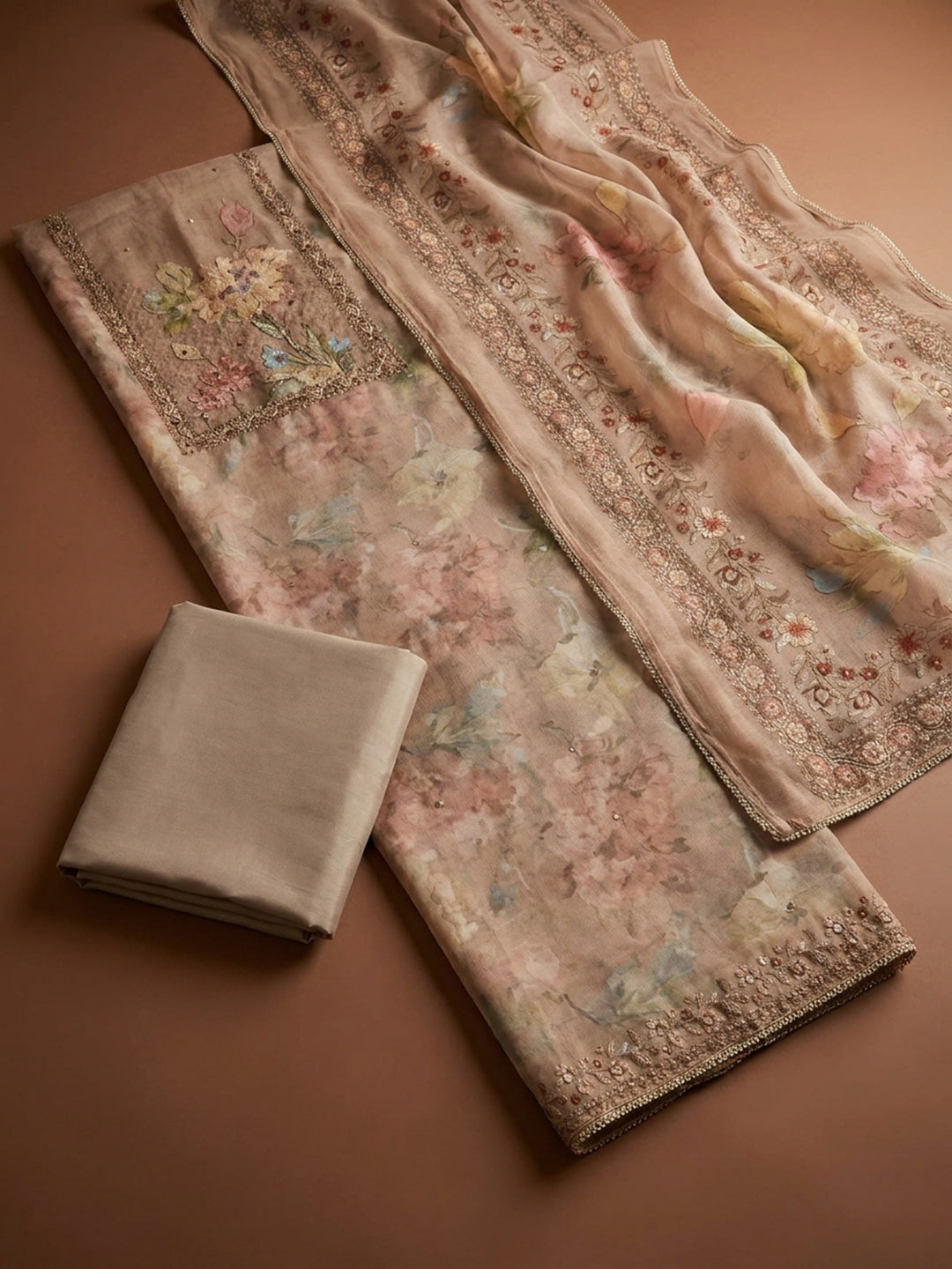 Beige  Chanderi Unstitched Dress Material