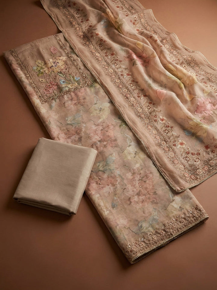 Beige  Chanderi Unstitched Dress Material
