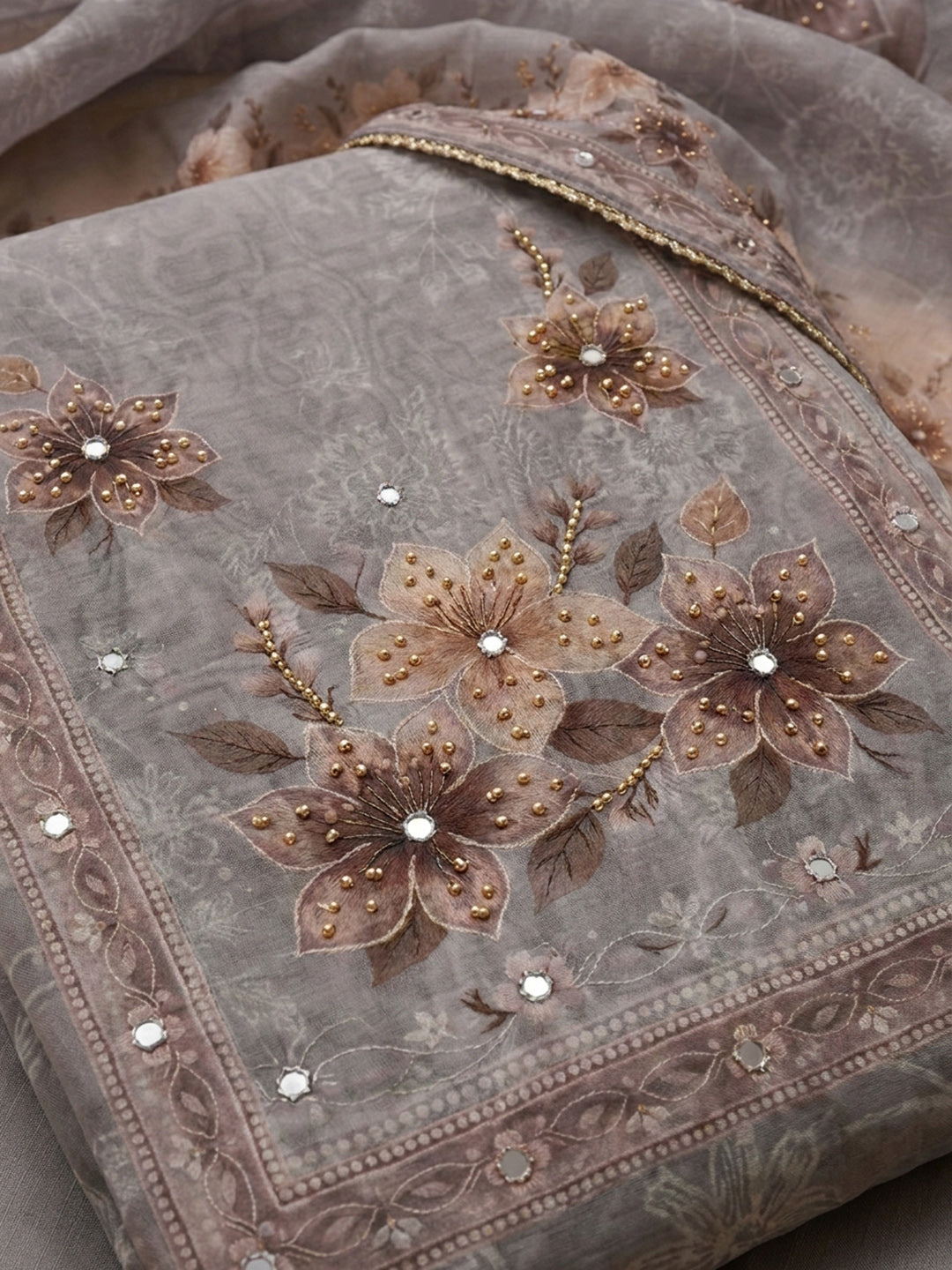 Grey  Chanderi Unstitched Dress Material