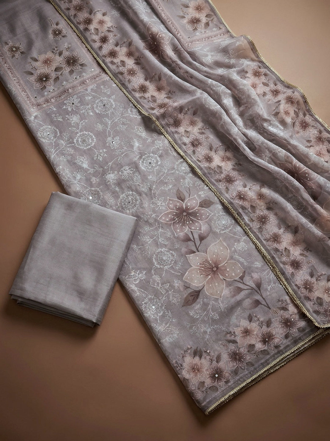 Grey  Chanderi Unstitched Dress Material