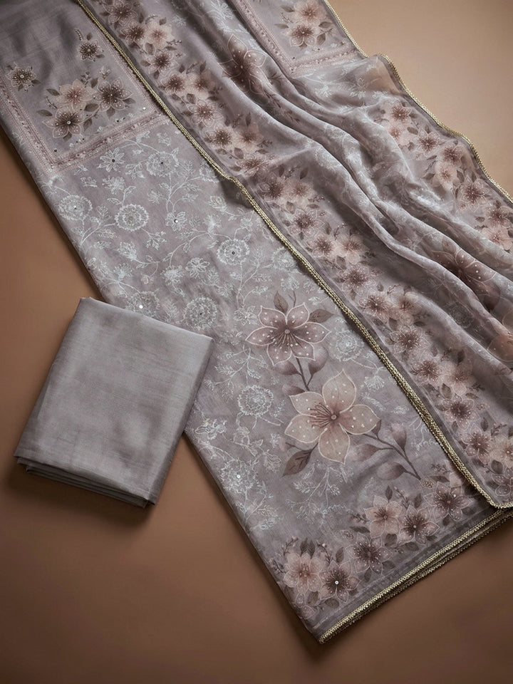 Grey  Chanderi Unstitched Dress Material