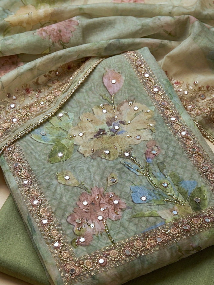 Pista Green  Chanderi Unstitched Dress Material
