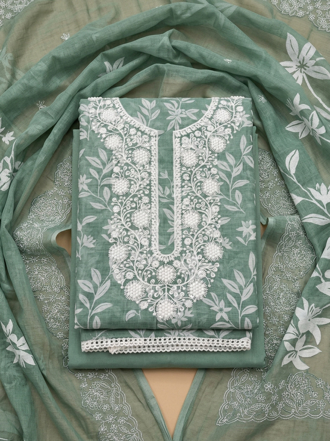 Sea Green  Cotton Unstitched Dress Material