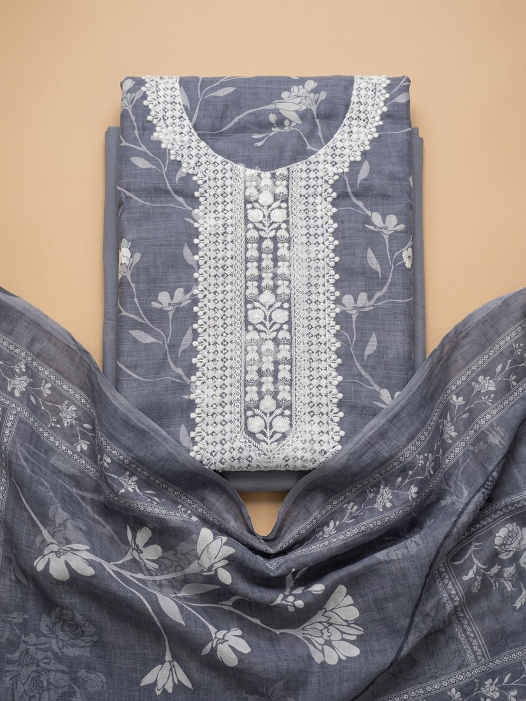 Grey  Chanderi Unstitched Dress Material