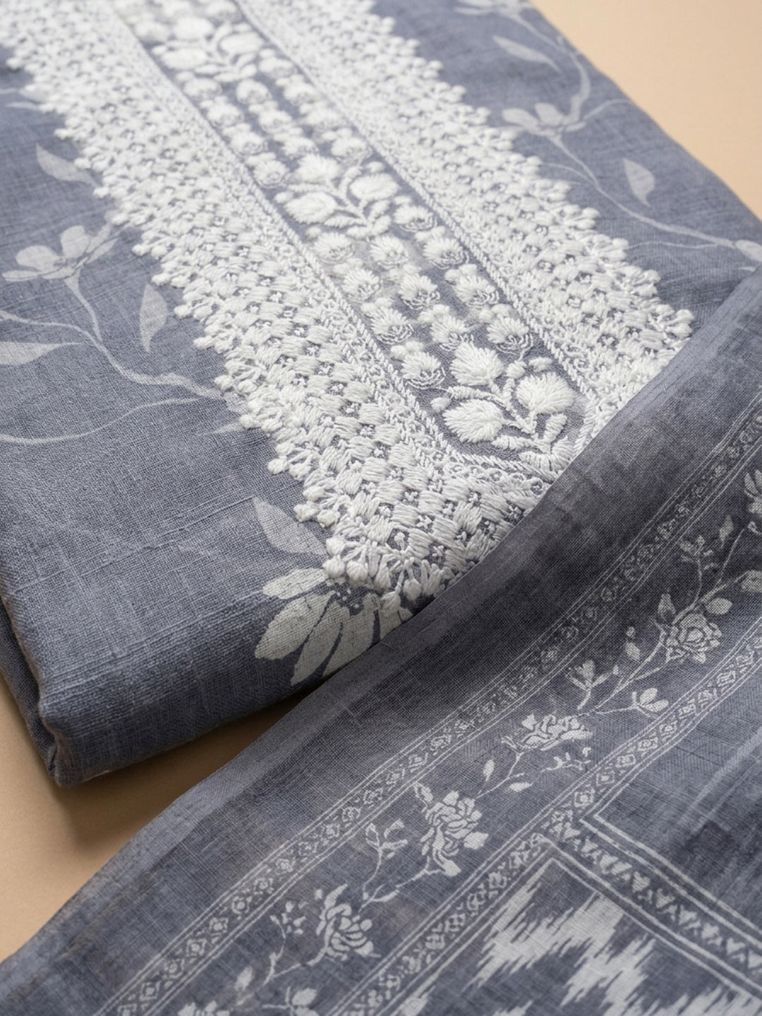 Grey  Chanderi Unstitched Dress Material