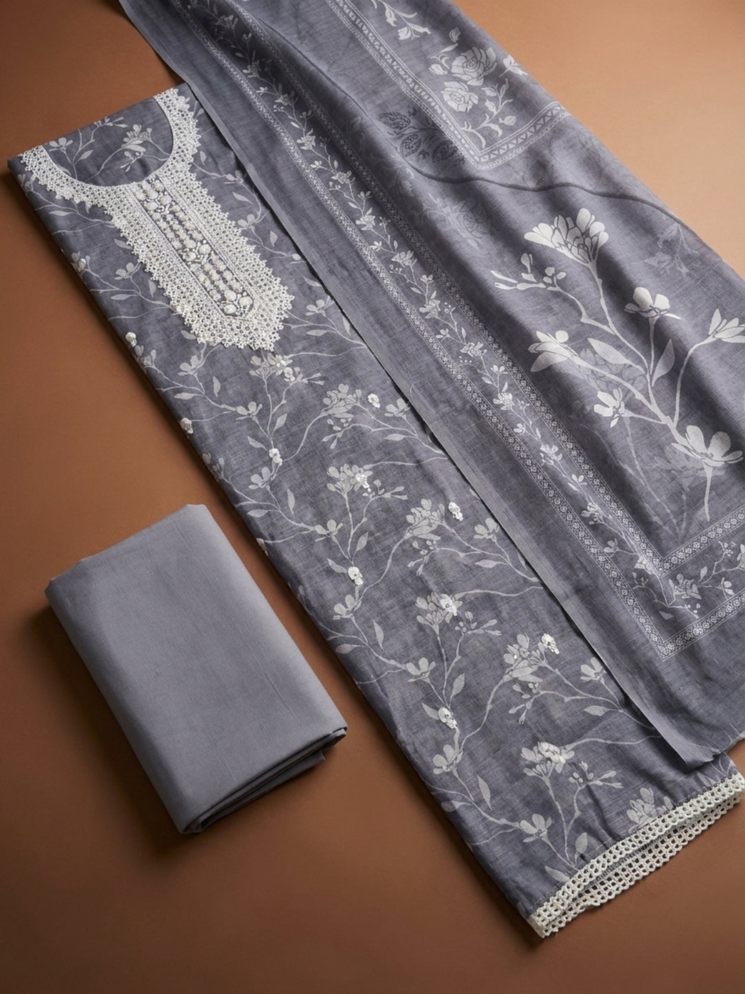 Grey  Chanderi Unstitched Dress Material