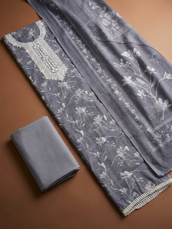 Grey  Chanderi Unstitched Dress Material