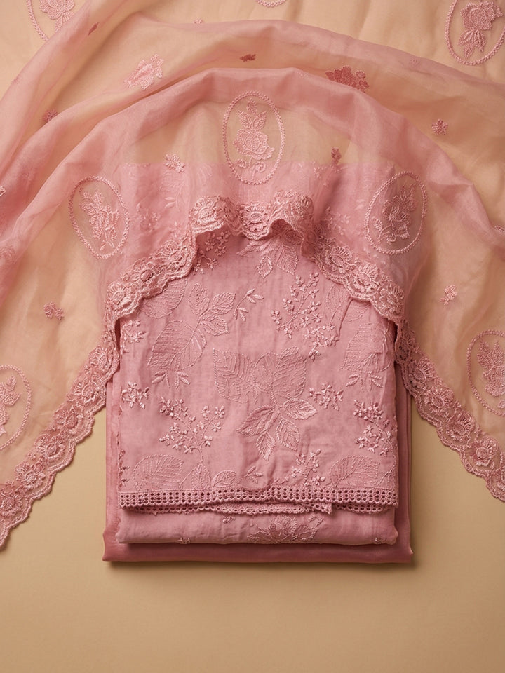 Pink Embroidery Chanderi Unstitched Dress Material