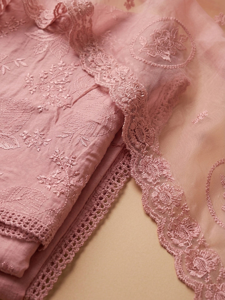 Pink Embroidery Chanderi Unstitched Dress Material