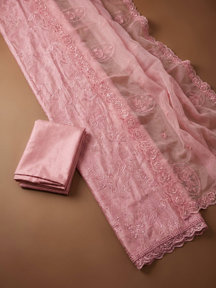 Pink Embroidery Chanderi Unstitched Dress Material