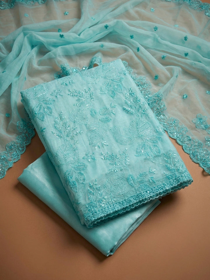 Sky Blue Embroidery Chanderi Unstitched Dress Material