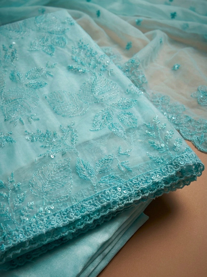 Sky Blue Embroidery Chanderi Unstitched Dress Material