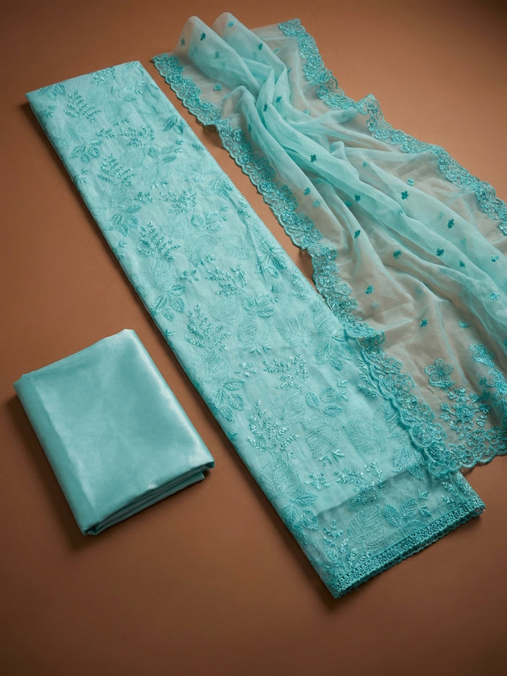 Sky Blue Embroidery Chanderi Unstitched Dress Material