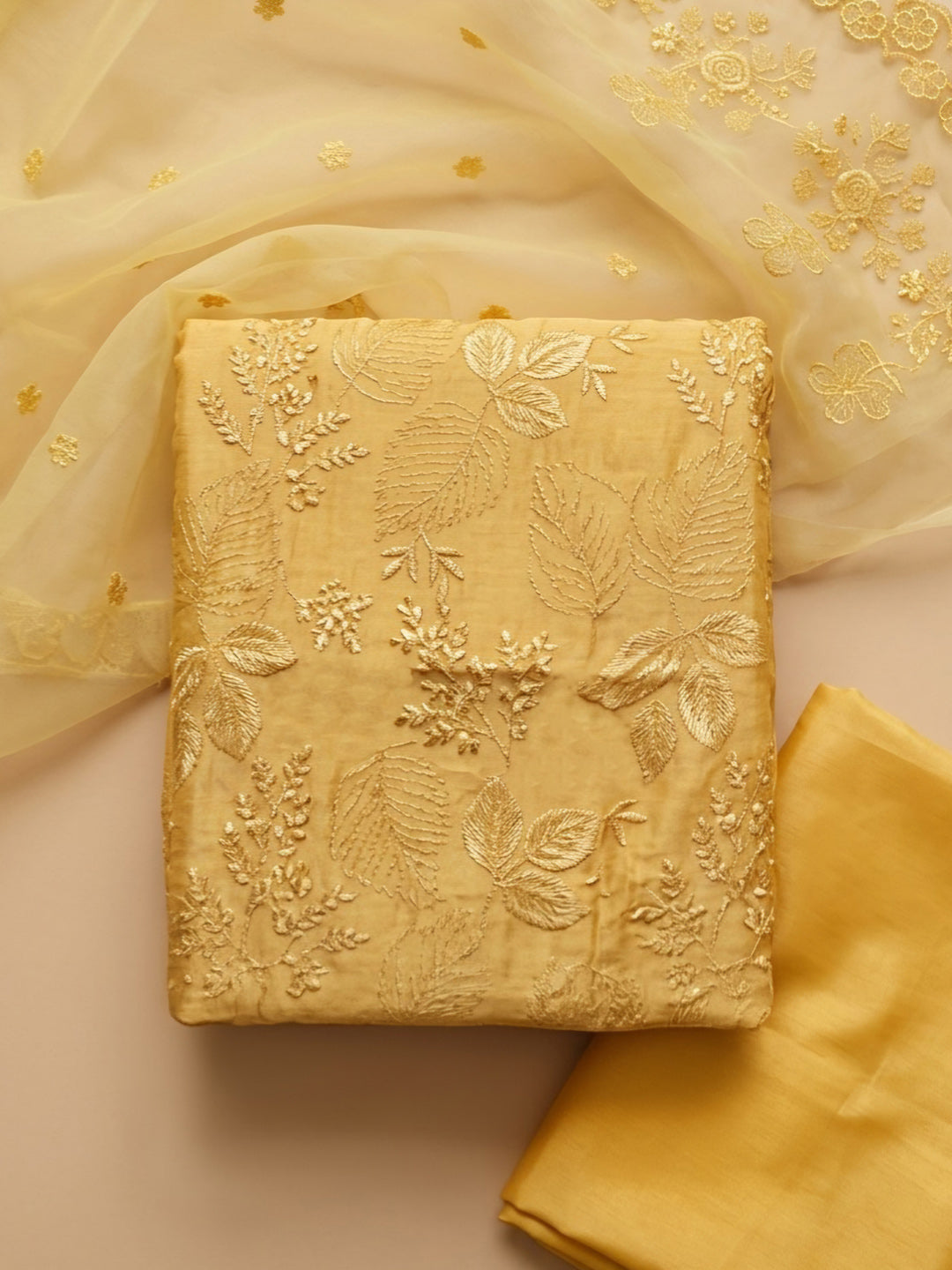 Yellow Embroidery Chanderi Unstitched Dress Material