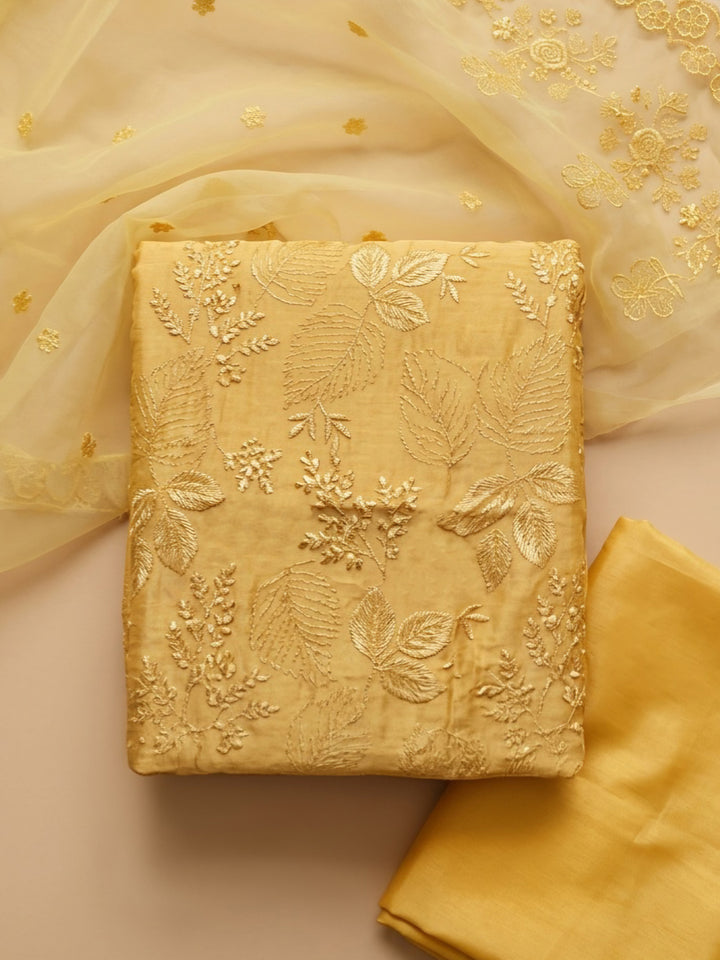 Yellow Embroidery Chanderi Unstitched Dress Material