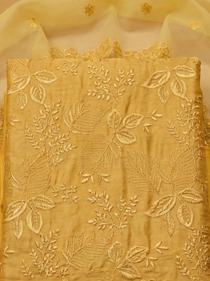 Yellow Embroidery Chanderi Unstitched Dress Material