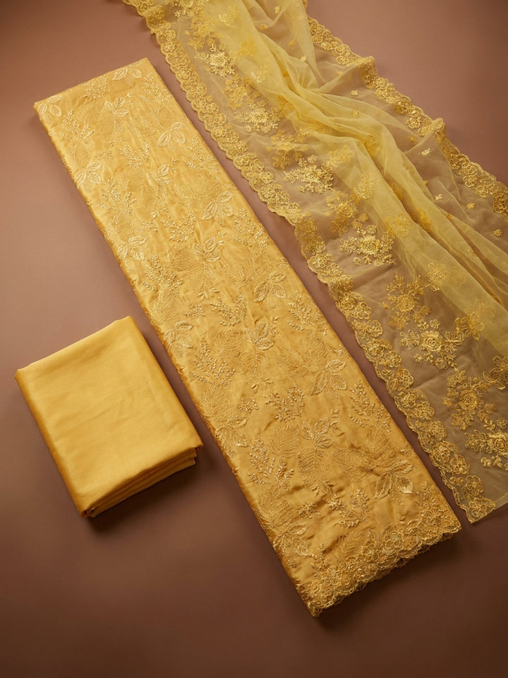 Yellow Embroidery Chanderi Unstitched Dress Material