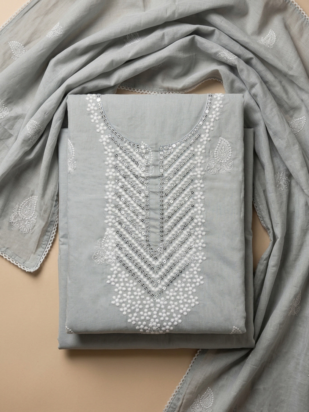 Grey Embroidery Cotton Unstitched Dress Material