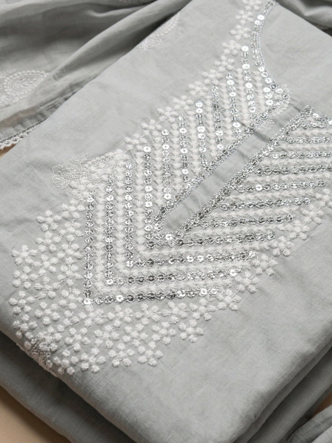 Grey Embroidery Cotton Unstitched Dress Material