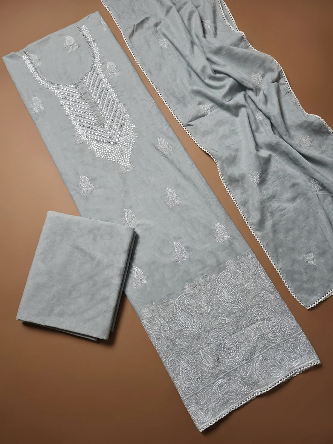 Grey Embroidery Cotton Unstitched Dress Material