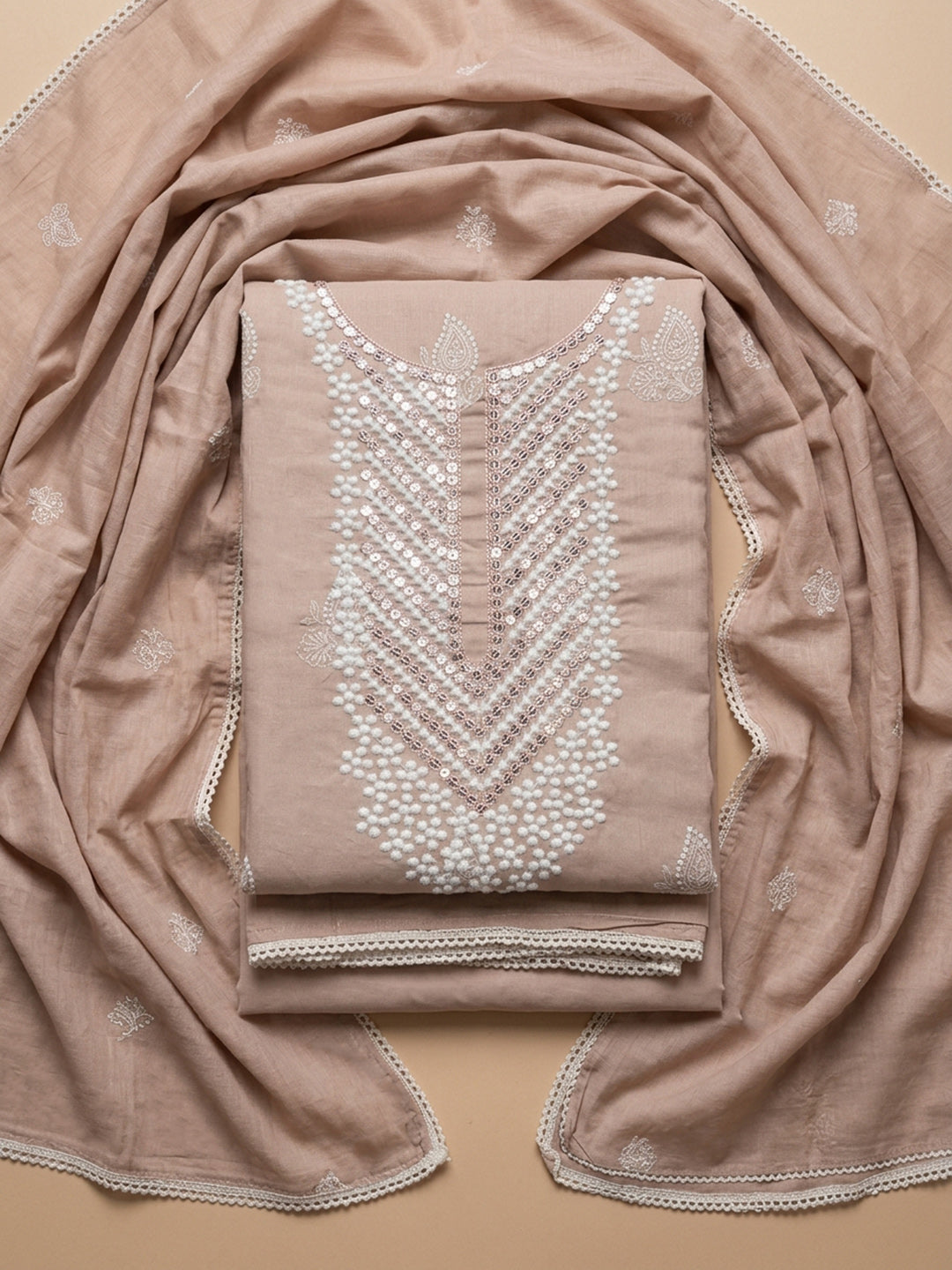 Peach Embroidery Cotton Unstitched Dress Material