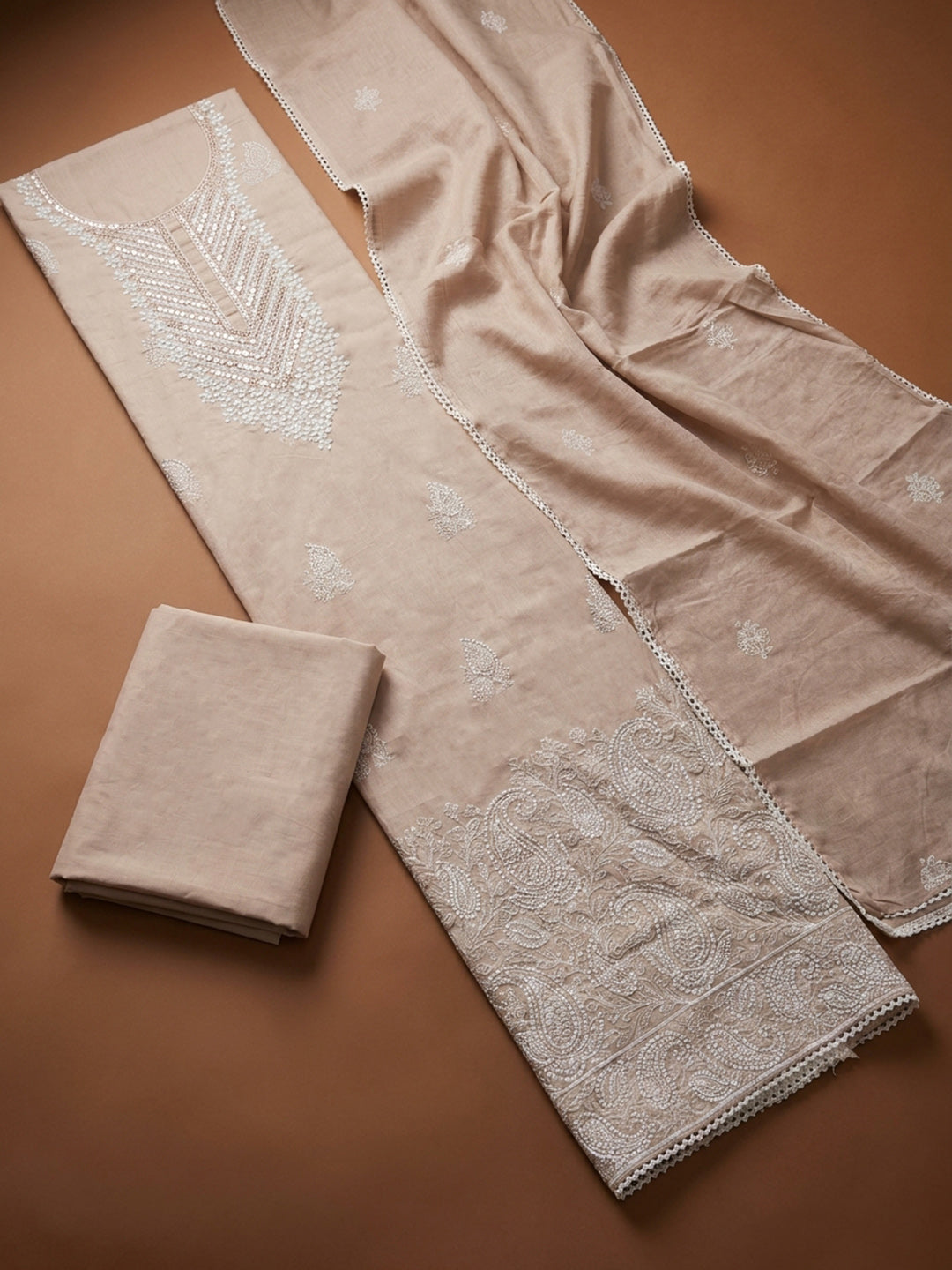 Peach Embroidery Cotton Unstitched Dress Material