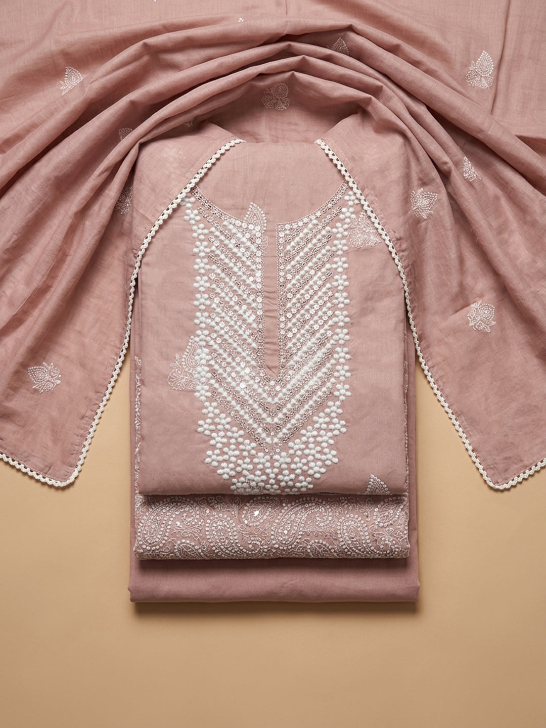 Pink Embroidery Cotton Unstitched Dress Material