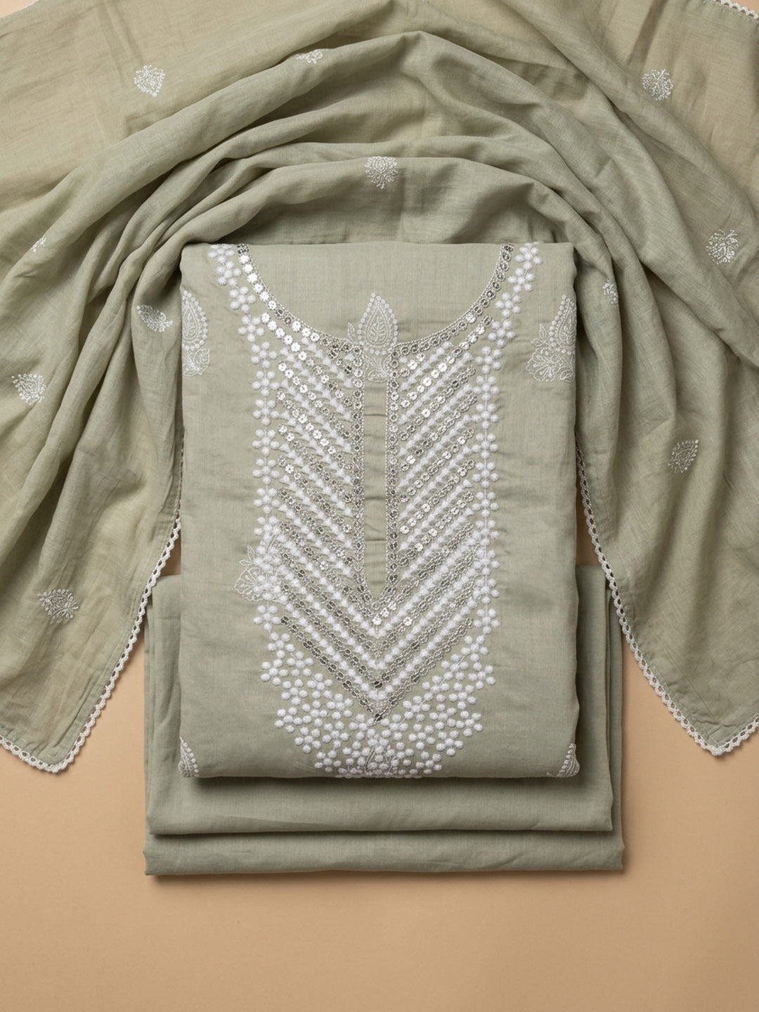 Pista Green Embroidery Cotton Unstitched Dress Material