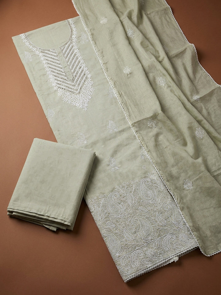 Pista Green Embroidery Cotton Unstitched Dress Material