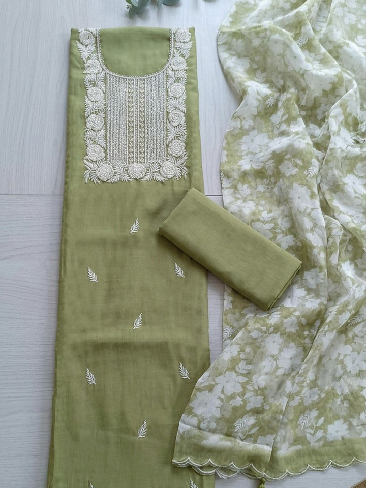 Pista Green  Chanderi Unstitched Dress Material