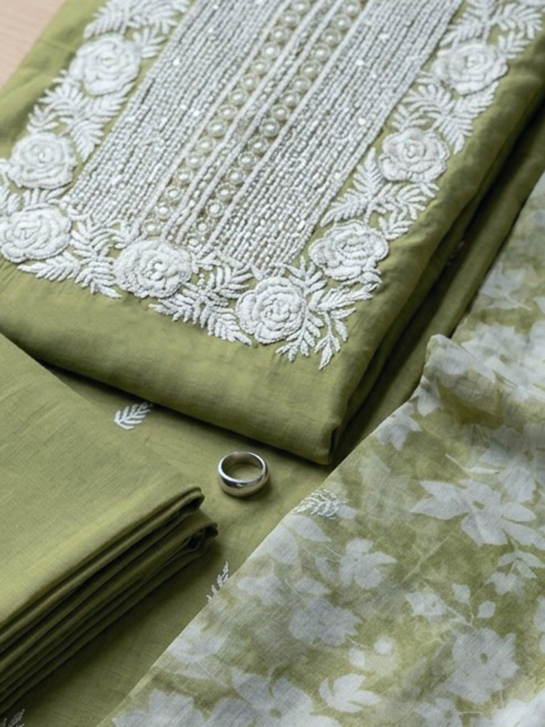 Pista Green  Chanderi Unstitched Dress Material