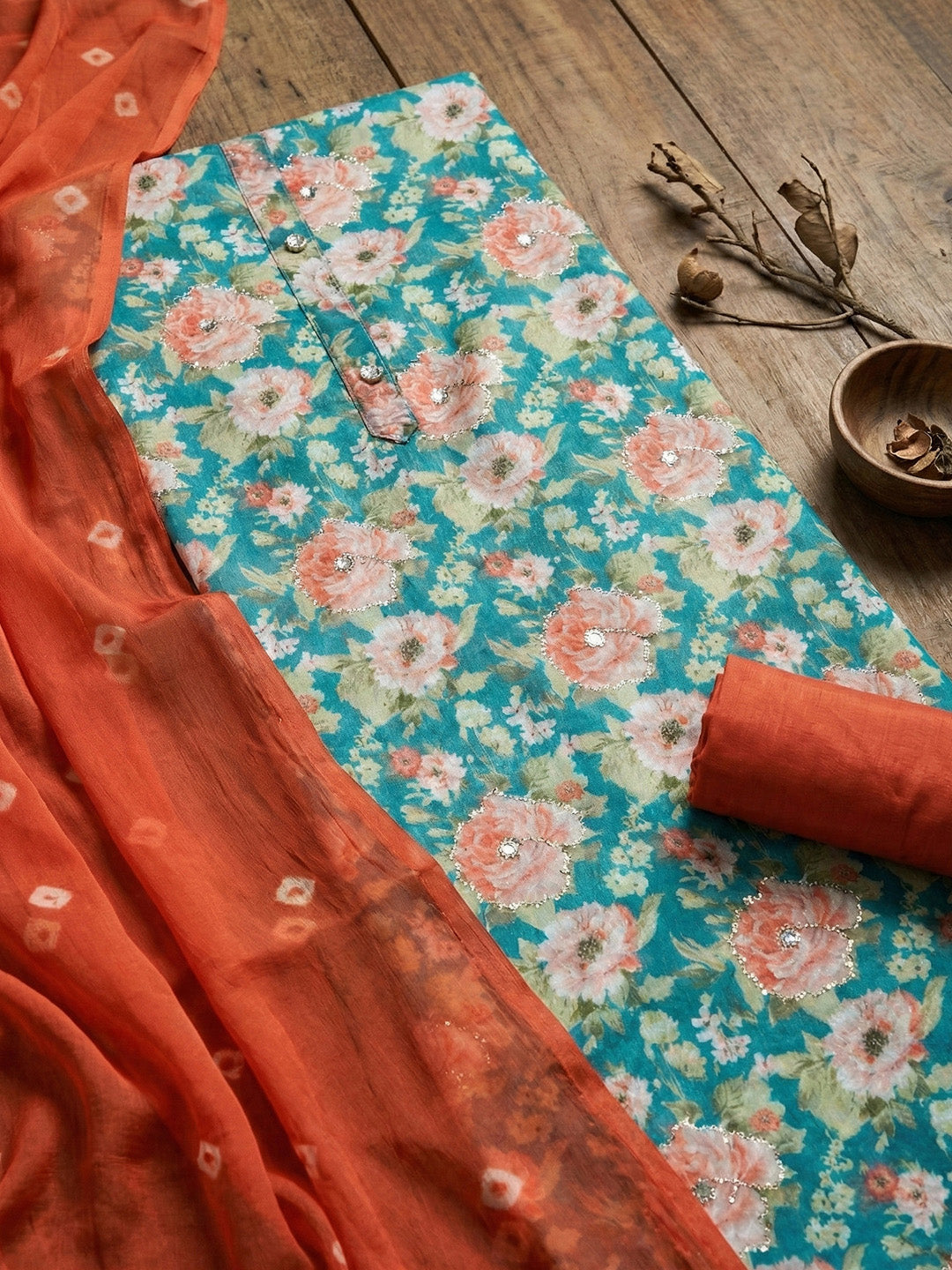Green Digital Floral Printed Chanderi Unstitched Dress Material