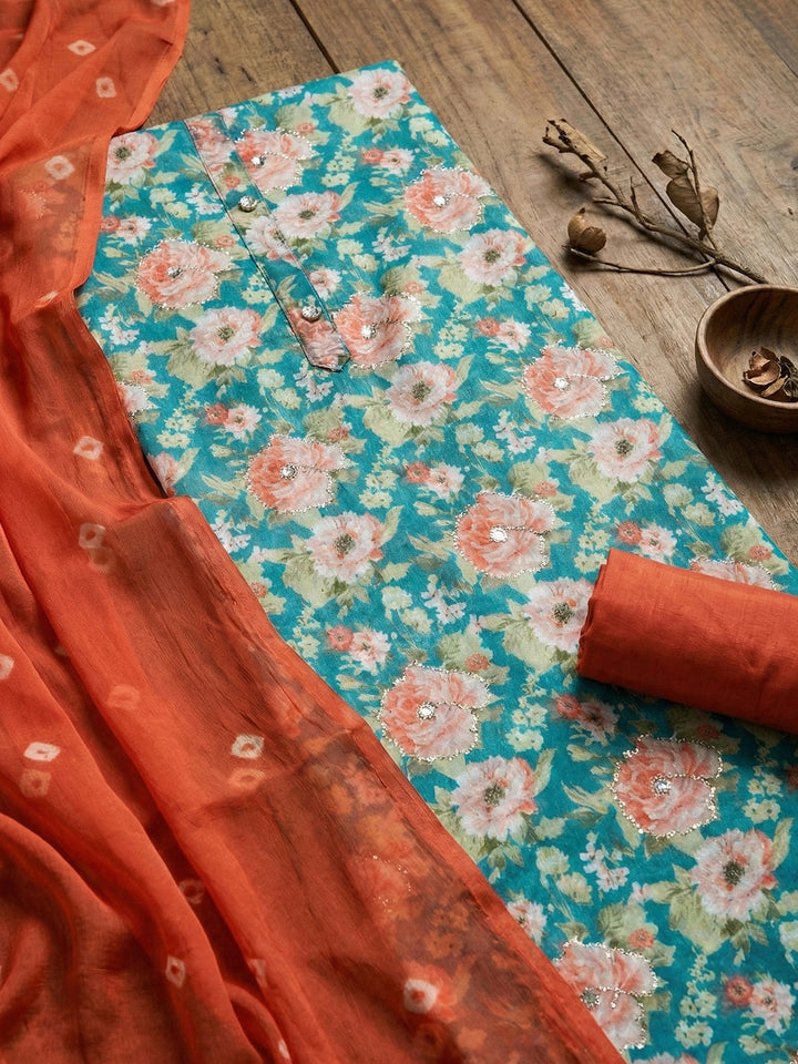 Green Digital Floral Printed Chanderi Unstitched Dress Material