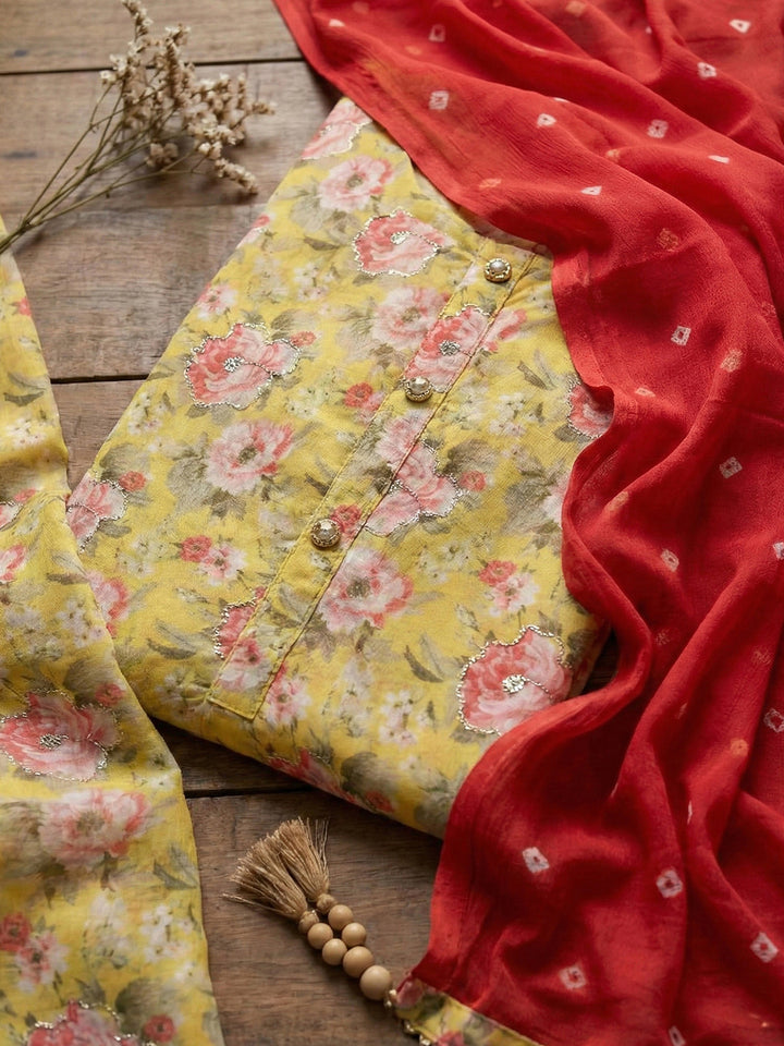 Yellow Digital Floral Printed Chanderi Unstitched Dress Material