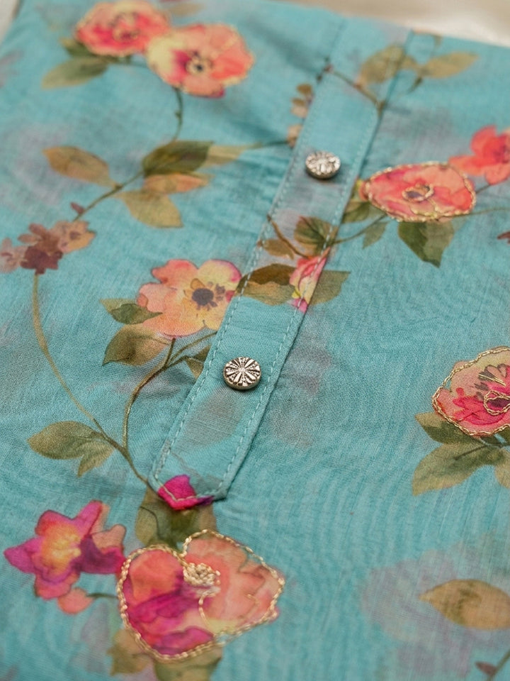 Blue Printed Chanderi Unstitched Dress Material