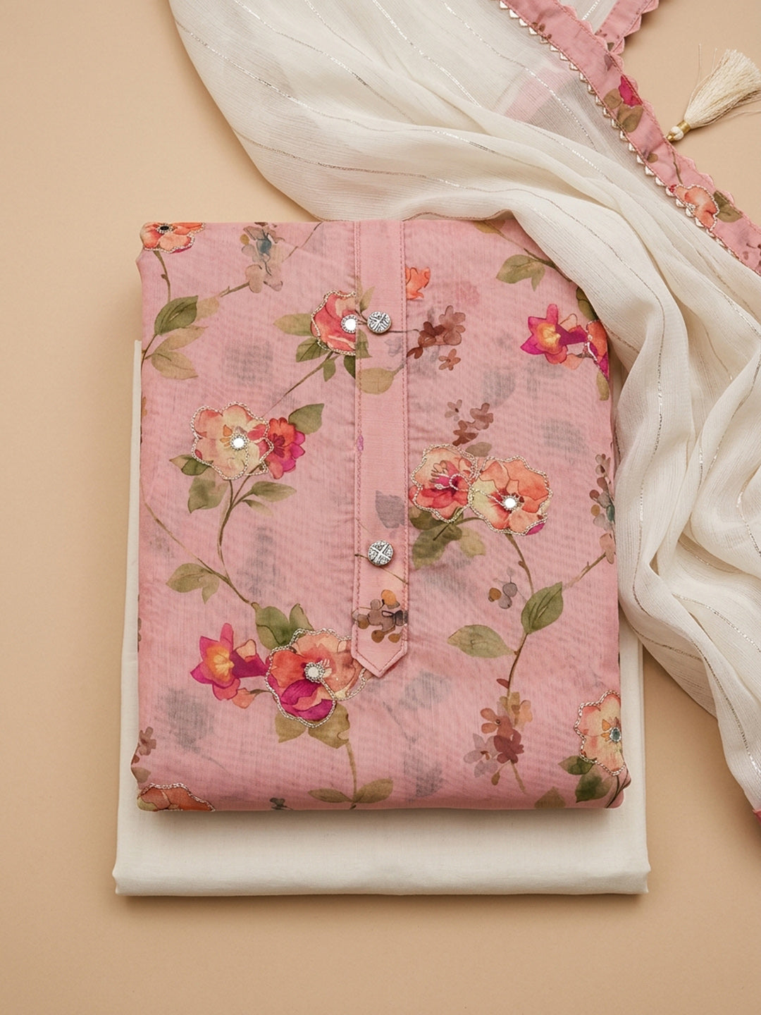 Peach Printed Chanderi Unstitched Dress Material