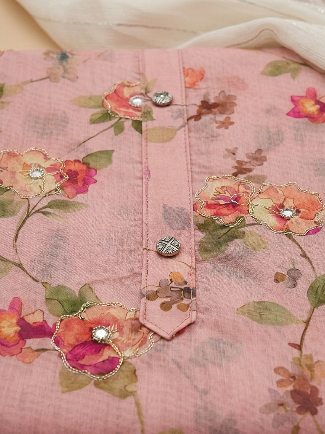 Peach Printed Chanderi Unstitched Dress Material
