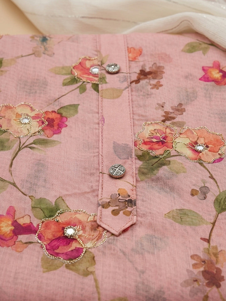 Peach Printed Chanderi Unstitched Dress Material