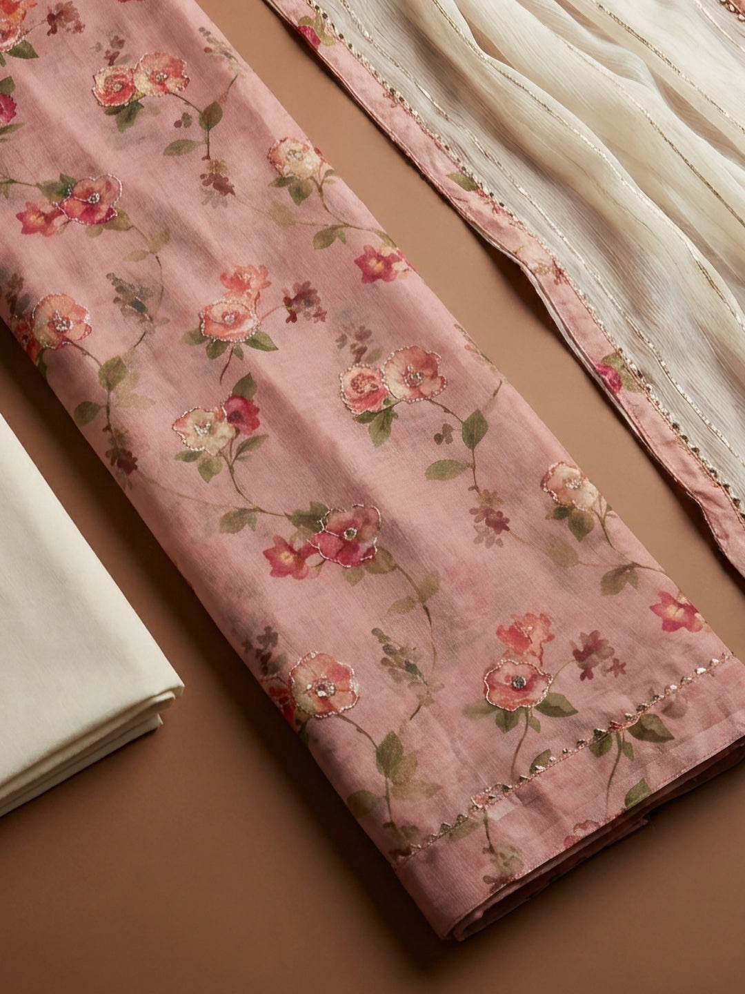 Peach Printed Chanderi Unstitched Dress Material
