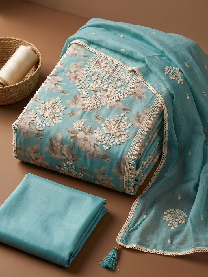 Firozee Embroidered Chanderi Unstitched Suit &amp; Pant With Chanderi Dupatta