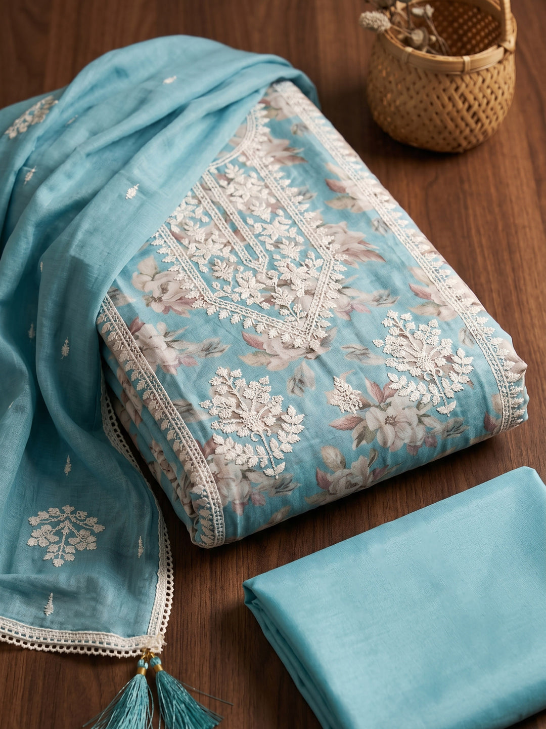 Firozee Embroidered Chanderi Unstitched Suit &amp; Pant With Chanderi Dupatta