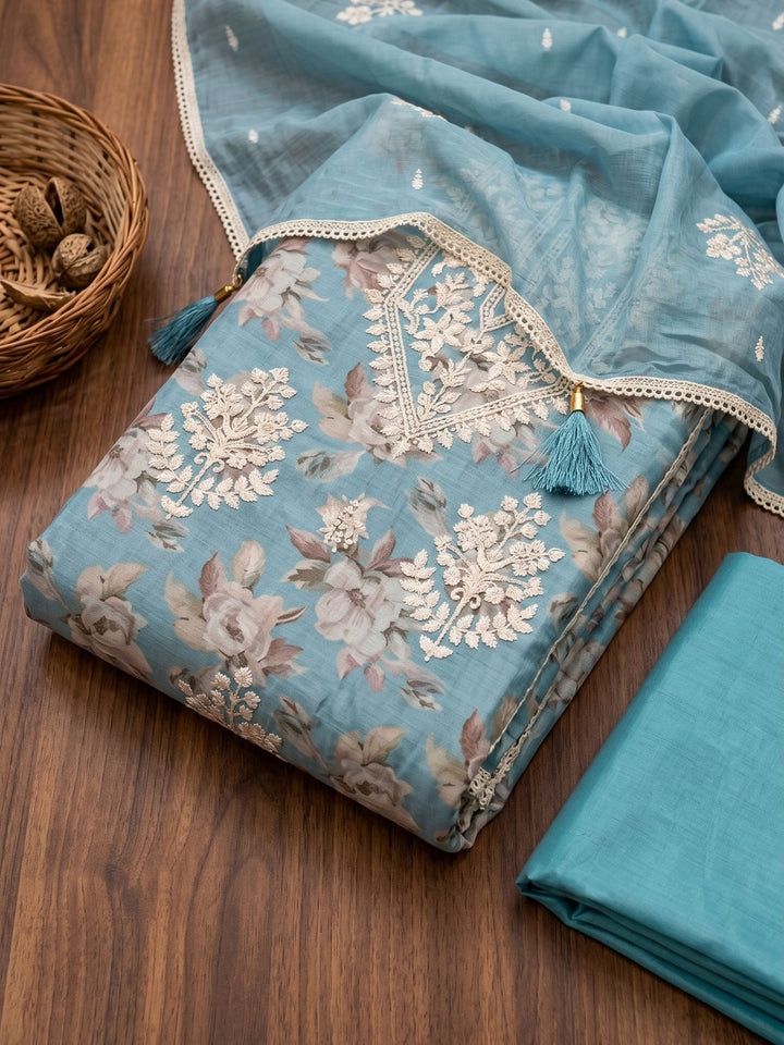 Firozee Embroidered Chanderi Unstitched Suit &amp; Pant With Chanderi Dupatta