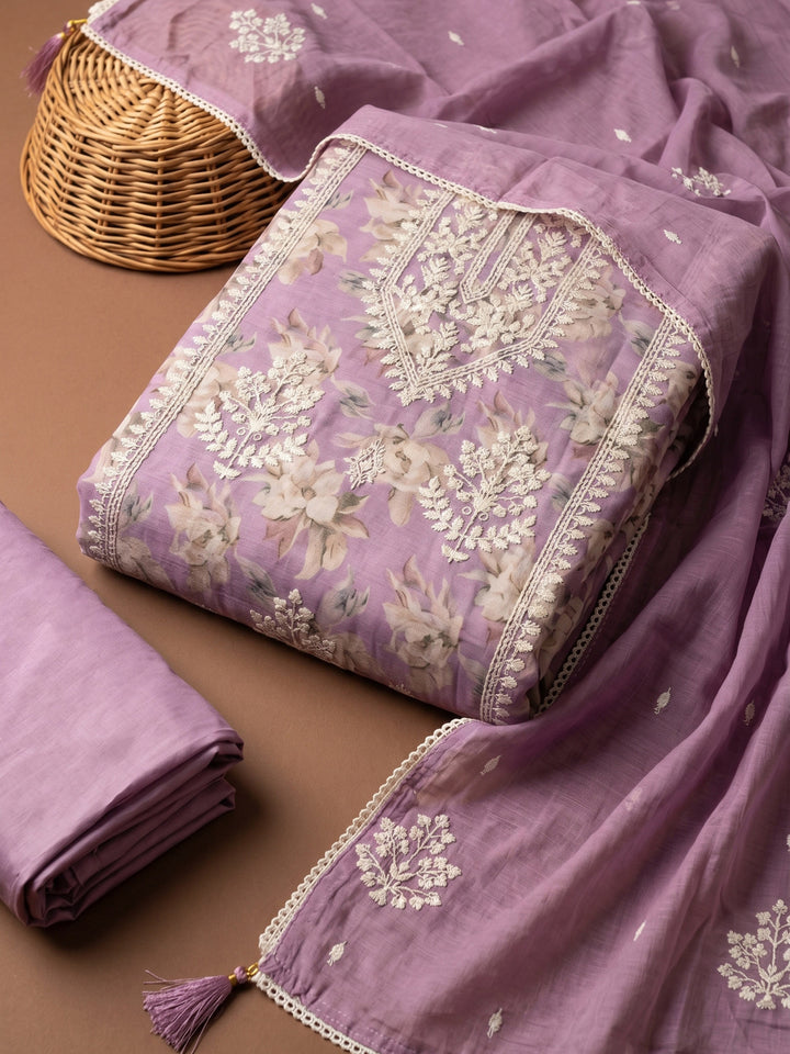 Lavender Embroidered Chanderi Unstitched Suit &amp; Pant With Chanderi Dupatta