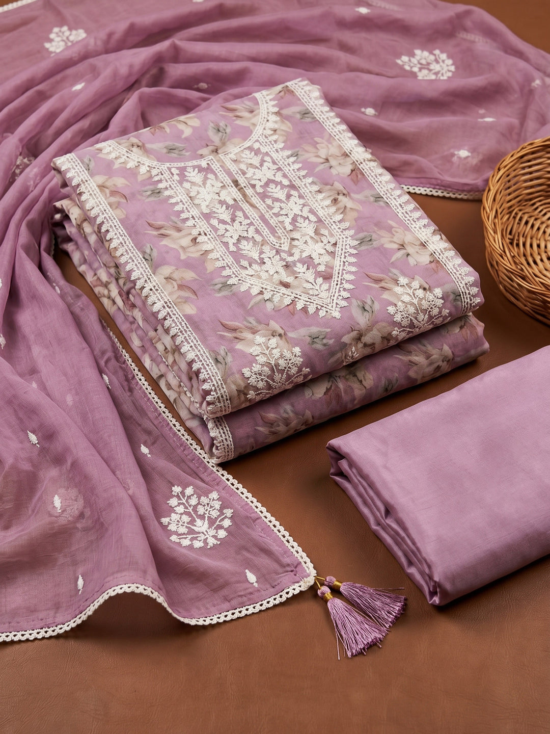 Lavender Embroidered Chanderi Unstitched Suit &amp; Pant With Chanderi Dupatta
